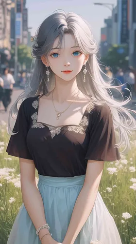 全身照，一个22岁青春靓丽的女孩，灰绿色头发，长长的头发，一根高马尾，蓝色眼睛，悲伤的表情，低着头，T恤，纱裙，精致的耳环，项链，背景站在热闹的街区，画面质量高，动漫艺术，完美的构图，自然光，完美的脸部刻画，正面视角 - style2部分