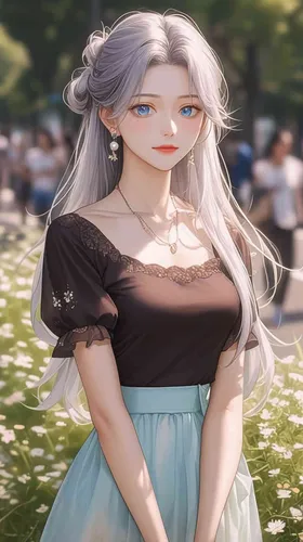 全身照，一个22岁青春靓丽的女孩，灰绿色头发，长长的头发，一根高马尾，蓝色眼睛，悲伤的表情，低着头，T恤，纱裙，精致的耳环，项链，背景站在热闹的街区，画面质量高，动漫艺术，完美的构图，自然光，完美的脸部刻画，正面视角 - style3部分