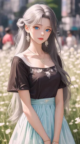 全身照，一个22岁青春靓丽的女孩，灰绿色头发，长长的头发，一根高马尾，蓝色眼睛，悲伤的表情，低着头，T恤，纱裙，精致的耳环，项链，背景站在热闹的街区，画面质量高，动漫艺术，完美的构图，自然光，完美的脸部刻画，正面视角 - style4部分