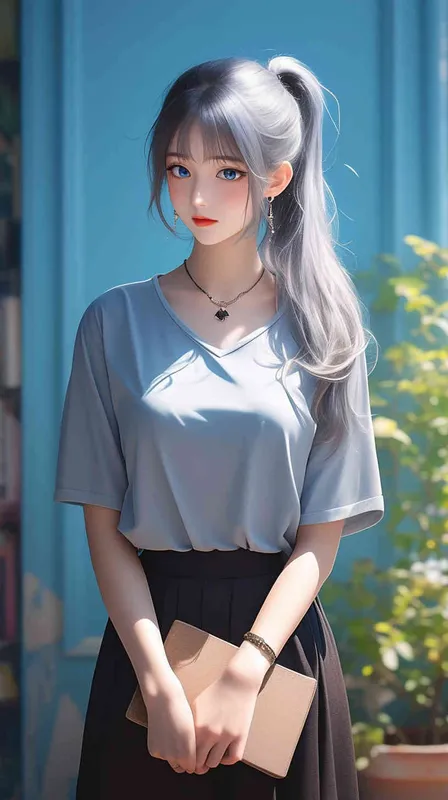 全身照，一个22岁青春靓丽的女孩，灰绿色头发，长长的头发，一根高马尾，蓝色眼睛，悲伤的表情，低着头，T恤，纱裙，精致的耳环，项链，背景站在热闹的街区，画面质量高，动漫艺术，完美的构图，自然光，完美的脸部刻画，正面视角 - style1部分