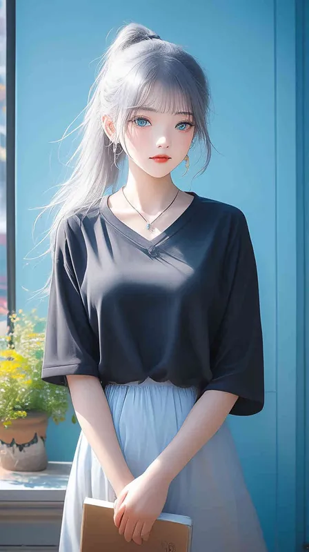 全身照，一个22岁青春靓丽的女孩，灰绿色头发，长长的头发，一根高马尾，蓝色眼睛，悲伤的表情，低着头，T恤，纱裙，精致的耳环，项链，背景站在热闹的街区，画面质量高，动漫艺术，完美的构图，自然光，完美的脸部刻画，正面视角 - style3部分