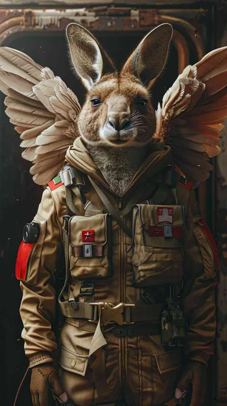  a kangaroo in a Soviet suit, the angel is realisticly with, by Katsuhiro Otomo, Yoshitaka Amano, and Artgerm. 4k, masterpiece, high detail, 8k, saturated colors - style2部分