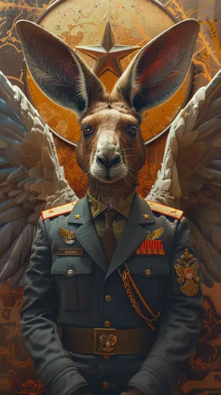  a kangaroo in a Soviet suit, the angel is realisticly with, by Katsuhiro Otomo, Yoshitaka Amano, and Artgerm. 4k, masterpiece, high detail, 8k, saturated colors - style3部分