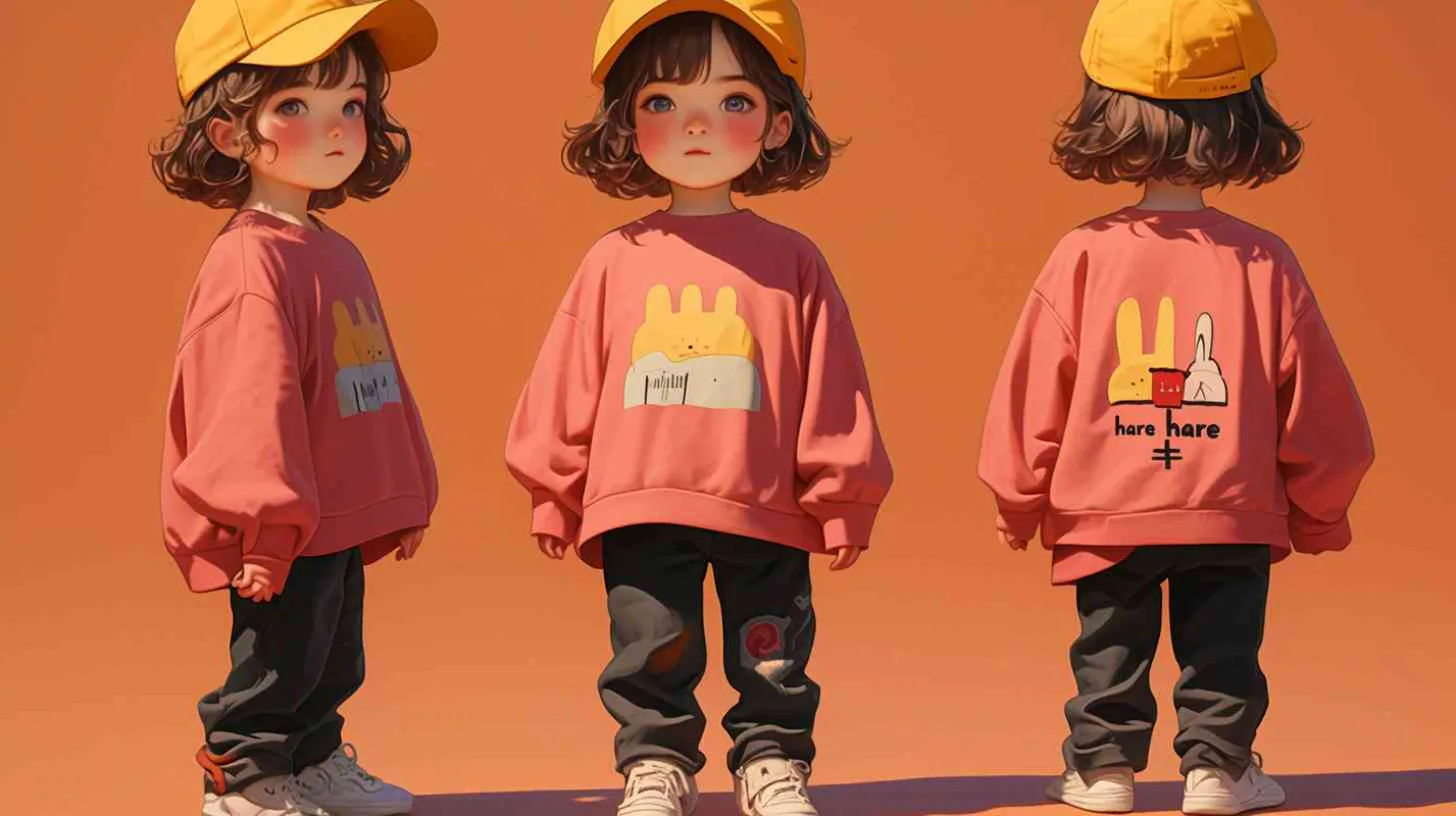 2岁小女孩，黄色帽子，粉红色和红色搭配的长袖衣服，衣服正面上有印着可爱半身兔子，衣服印着兔子下半身是“hare”印着的字母，黑色长裤，白色鞋子 - style2部分