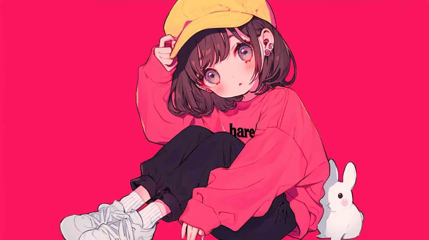 2岁小女孩，黄色帽子，粉红色和红色搭配的长袖衣服，衣服正面上有印着可爱半身兔子，衣服印着兔子下半身是“hare”印着的字母，黑色长裤，白色鞋子 - style3部分