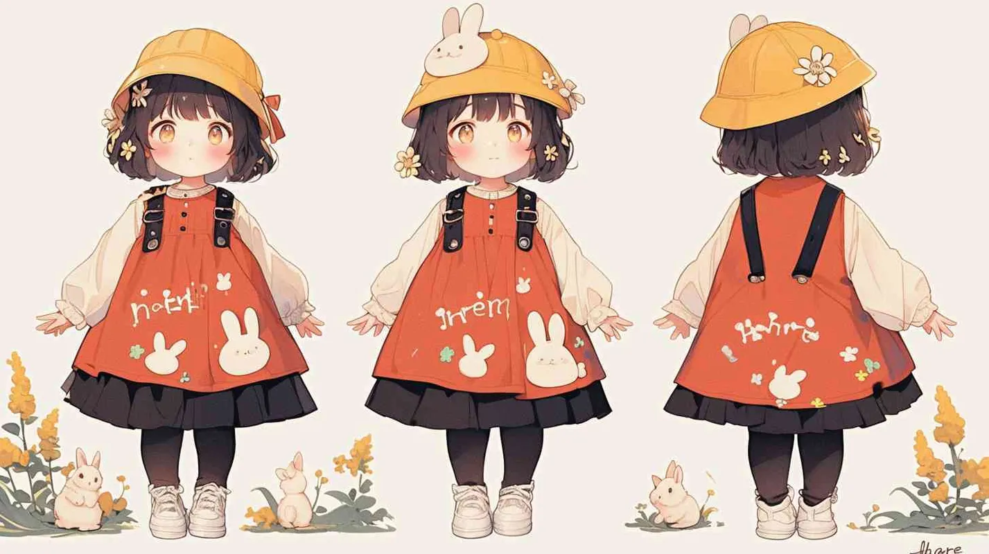 2岁小女孩，黑色短发，黄色圆形帽子，帽子周边是波浪形，帽子上有个白色小兔子卡通装饰，浅粉红色袖子和橘红色背带上衣裙，衣服正面上有印着可爱半身兔子，衣服印着兔子下半身是“hare”印着的字母，黑色长裤，白色鞋子 - style2部分