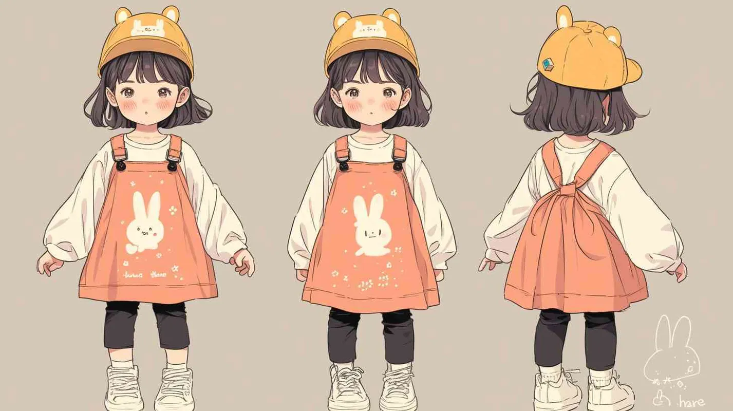 2岁小女孩，黑色短发，黄色圆形帽子，帽子周边是波浪形，帽子上有个白色小兔子卡通装饰，浅粉红色袖子和橘红色背带上衣裙，衣服正面上有印着可爱半身兔子，衣服印着兔子下半身是“hare”印着的字母，黑色长裤，白色鞋子 - style3部分