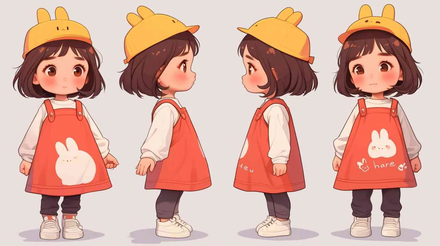 2岁小女孩，黑色短发，黄色圆形帽子，帽子周边是波浪形，帽子上有个白色小兔子卡通装饰，浅粉红色袖子和橘红色背带上衣裙，衣服正面上有印着可爱半身兔子，衣服印着兔子下半身是“hare”印着的字母，黑色长裤，白色鞋子 - style4部分
