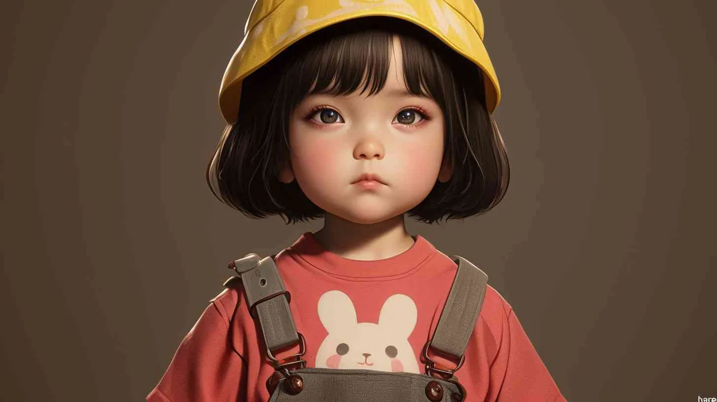 2岁小女孩，黑色短发，黄色圆形帽子，帽子左前方有个小的白色小兔子卡通装饰，粉红色袖子混合嫣红色的衣服，衣服正面上有印着可爱半身兔子，衣服印着兔子下半身是“hare”印着的字母，黑色长裤，白色鞋子 - style2部分