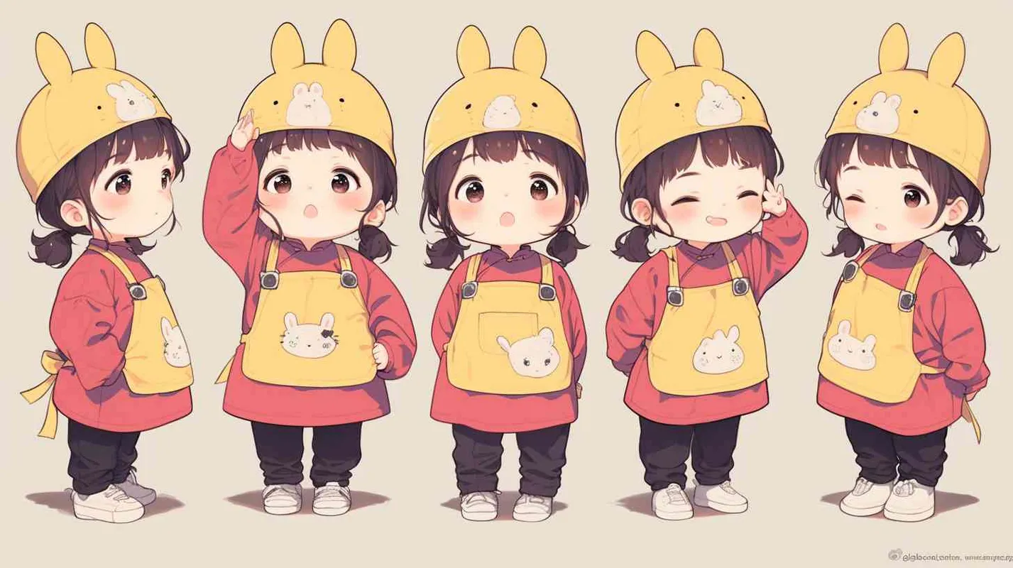 2岁中国女孩，黑色短发，双眼皮 ，黄色小圆帽子，小圆帽左上方小的白色卡通兔子，粉红色长袖，嫣红色围兜，嫣红色围兜正面有可爱的上半身部分是兔子，下半部分是hare”的字母，黑色长裤，白色运动鞋，可爱，乖巧，俏皮，甜心 - style3部分