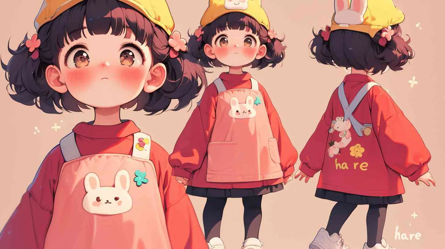 2岁中国女孩，黑色短发，双眼皮 ，黄色小圆帽子，小圆帽左上方小的白色卡通兔子，粉红色长袖，嫣红色围兜，嫣红色围兜正面有可爱的上半身部分是兔子，下半部分是hare”的字母，黑色长裤，白色运动鞋，可爱，乖巧，俏皮，甜心 - style4部分