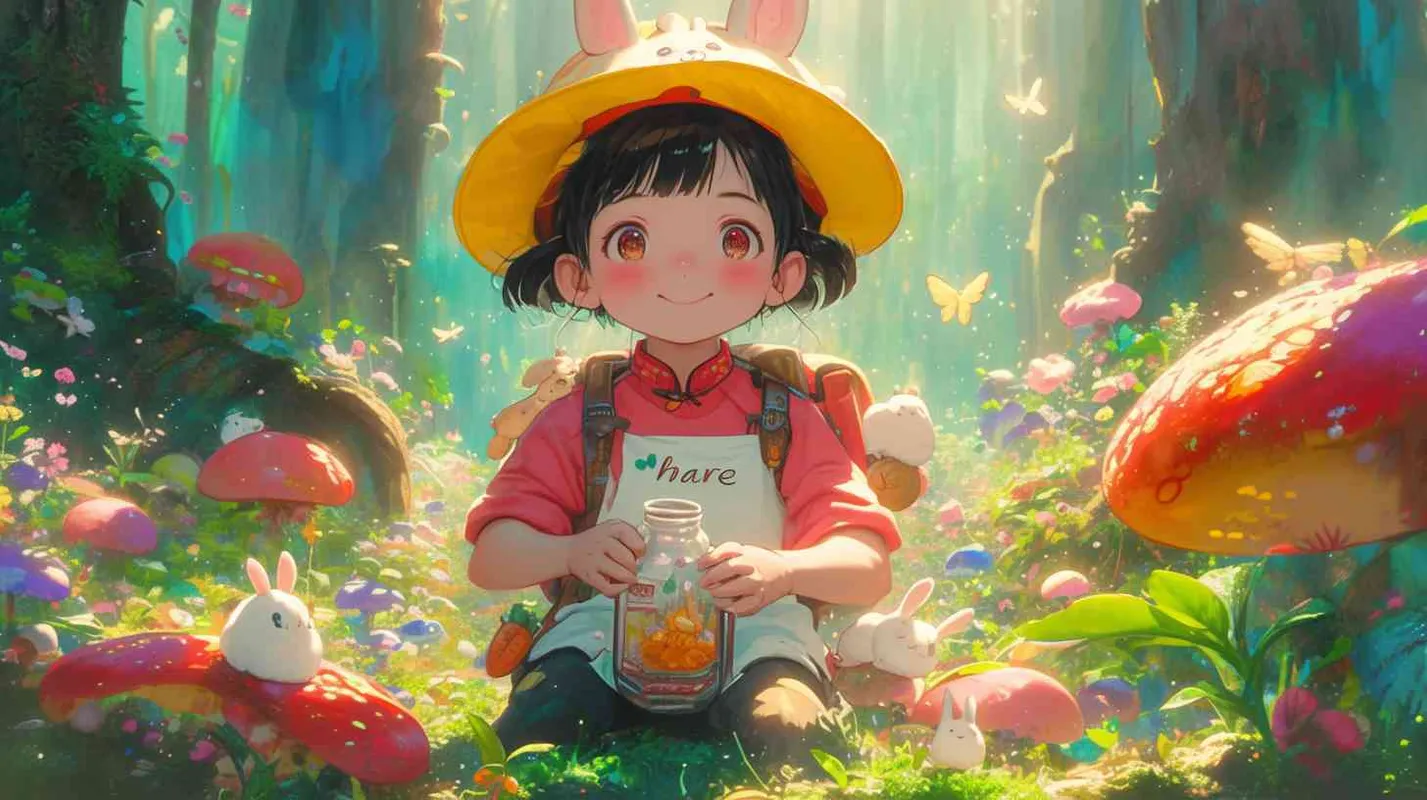 2岁中国女孩，黑色短发，双眼皮 ，黄色小圆帽子，小圆帽左上方小的白色卡通兔子，粉红色长袖，嫣红色围兜，嫣红色围兜正面有可爱的上半身部分是兔子，下半部分是hare”的字母，黑色长裤，白色运动鞋，可爱，乖巧，在一个鲜花盛开的森林中，蝴蝶飞舞，她无意中踩到了一个空矿泉水瓶，冲击力让她摔倒在蘑菇丛中 - style2部分