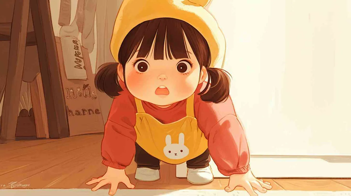 2岁中国女孩,黑色短发,双眼皮 ,黄色小圆帽子,小圆帽左上方小的白色卡通兔子,粉色长袖,嫣红色围兜,嫣红色围兜正面有可爱的上半身部分是兔子,下半部分是hare”的字母,黑色长裤,白色运动鞋,可爱,乖巧,俏皮,甜心 - AI绘画作品展示 | Midjourney中文版生成