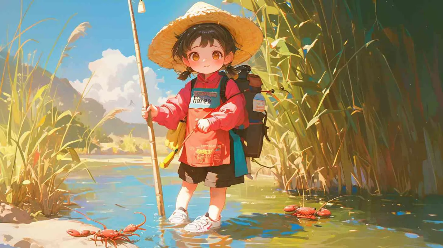 2岁中国女孩，黑色短发，双眼皮 ，黄色小圆帽子，粉色长袖，嫣红色围兜，下半部分是hare”的字母，黑色长裤，白色运动鞋，可爱，河水清澈，干净，龙虾，螃蟹，鱼，自由自在，灵动，河岸边的花朵、小草也重新焕发了生机 - style3部分