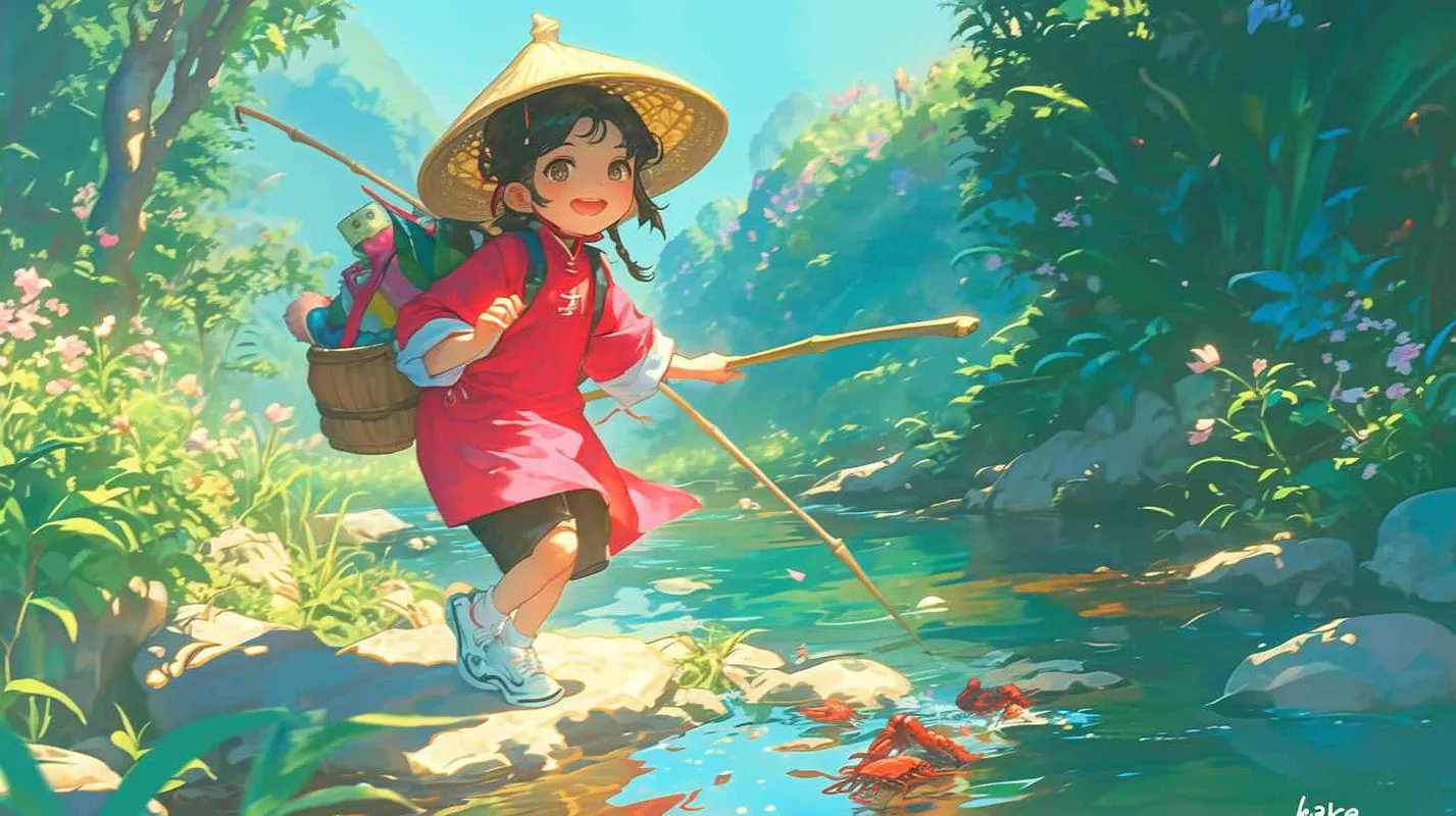 2岁中国女孩，黑色短发，双眼皮 ，黄色小圆帽子，粉色长袖，嫣红色围兜，下半部分是hare”的字母，黑色长裤，白色运动鞋，可爱，河水清澈，干净，龙虾，螃蟹，鱼，自由自在，灵动，河岸边的花朵、小草也重新焕发了生机 ，欢快地跳跃、歌唱，河流附近的树木和花朵也一起欢庆。这里成为了一片美丽、璀璨的新家园 - style2部分