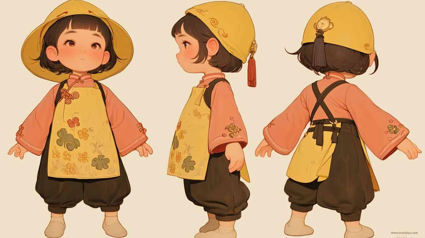 2岁中国女孩，黑色短发，黄色圆形帽，粉色袖子混合黄色围兜的上衣，黑色长裤，白色鞋子，可爱，乖巧，友爱，呆萌，赋予三个视图，即正视图、侧视图和背视图，保持一致性和统一性，质量最佳 - style1部分