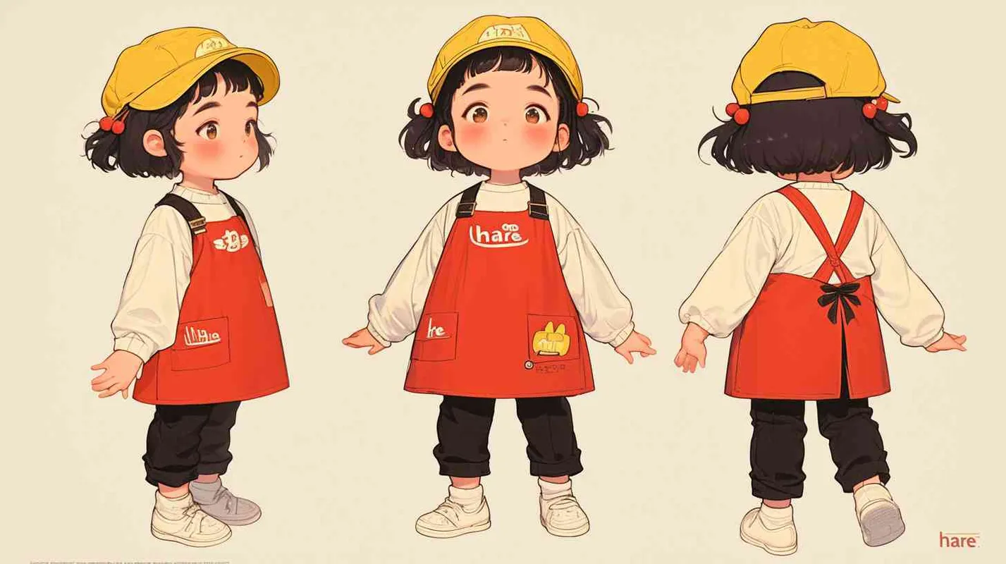 2岁中国女孩，黑色短发，双眼皮 ，黄色小圆形帽，白色长袖，红色围兜，围兜上印有“hare”字样，黑色长裤，白色鞋子，可爱，乖巧，友爱，呆萌，赋予三个视图，即正视图、侧视图和背视图，保持一致性和统一性，质量最佳 – AI绘画作品展示 | Midjourney中文版生成