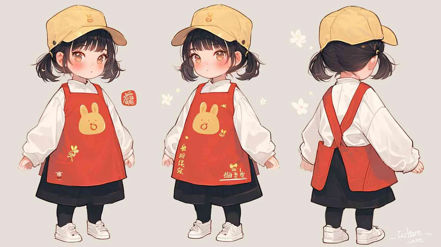 2岁中国女孩，黑色短发，双眼皮 ，黄色小圆形帽，白色长袖，红色围兜，围兜上印有“hare”字样，黑色长裤，白色鞋子，可爱，乖巧，友爱，呆萌，赋予三个视图，即正视图、侧视图和背视图，保持一致性和统一性，质量最佳 - style2部分