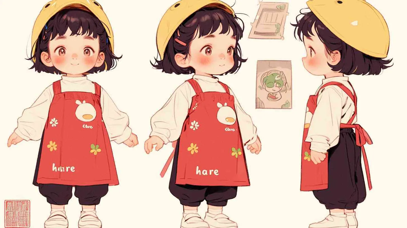 2岁中国女孩，黑色短发，双眼皮 ，黄色小圆形帽，白色长袖，红色围兜，围兜上印有“hare”字样，黑色长裤，白色鞋子，可爱，乖巧，友爱，呆萌，赋予三个视图，即正视图、侧视图和背视图，保持一致性和统一性，质量最佳 - style3部分