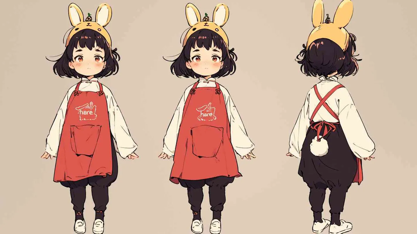 2岁中国女孩，黑色短发，双眼皮 ，黄色小圆形帽，白色长袖，红色围兜，围兜上印有“hare”字样，黑色长裤，白色鞋子，可爱，乖巧，友爱，呆萌，赋予三个视图，即正视图、侧视图和背视图，保持一致性和统一性，质量最佳 - style4部分