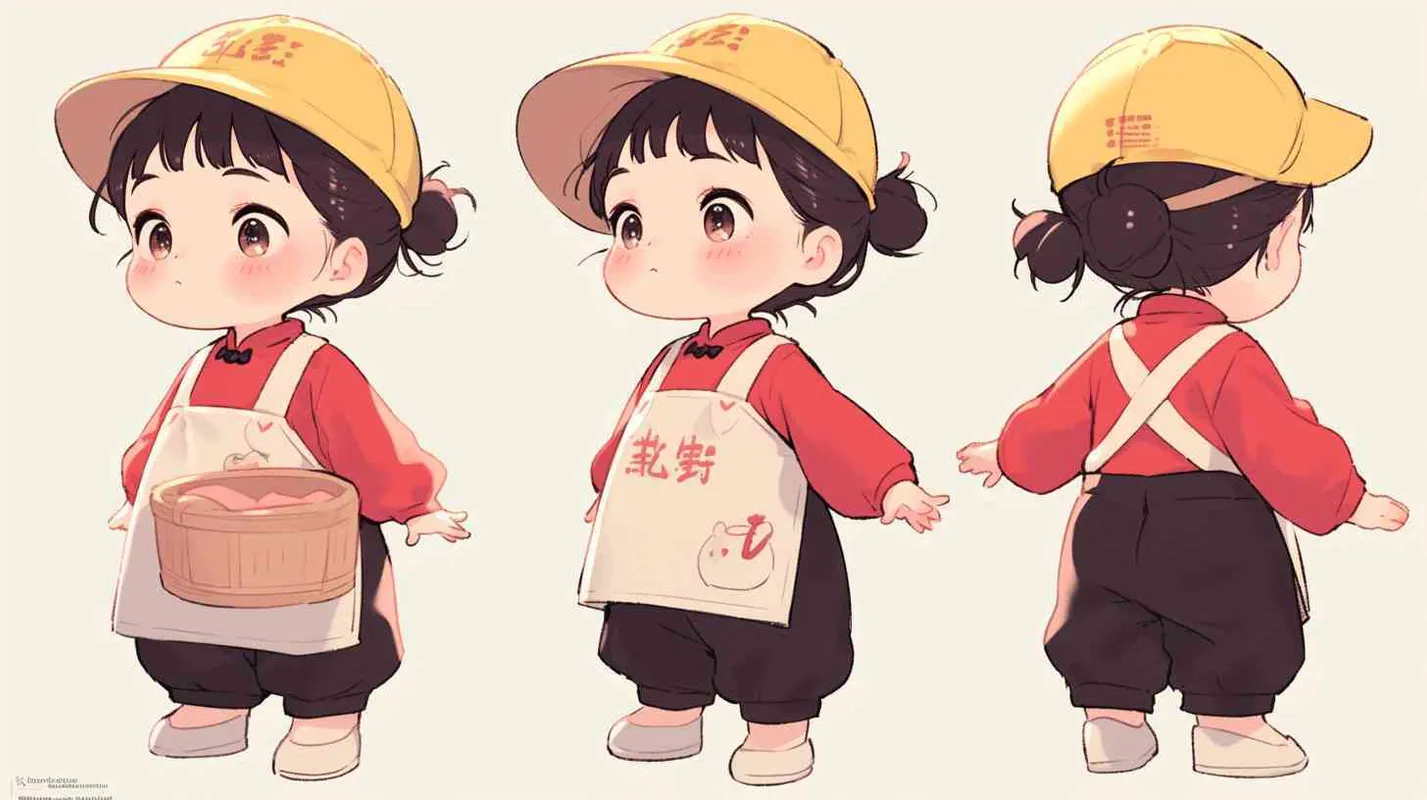 2岁中国女孩，黑色短发，双眼皮 ，黄色小圆形帽，白色长袖，红色上半身围兜，围兜上印有“hare”字样，黑色长裤，白色鞋子，可爱，乖巧，友爱，呆萌，赋予三个视图，即正视图、侧视图和背视图，保持一致性和统一性，质量最佳 ，宫崎骏 - style1部分