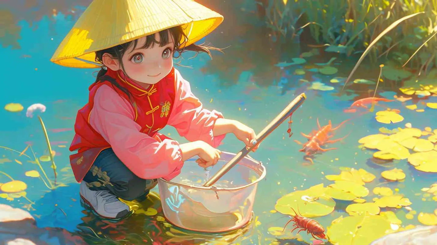 2岁中国女孩，黑色短发，双眼皮 ，黄色小圆帽子，粉色长袖，嫣红色围兜，下半部分是hare”的字母，黑色长裤，白色运动鞋，可爱，河水清澈，干净，龙虾，螃蟹，鱼，自由自在，灵动，河岸边的花朵、小草也重新焕发了生机  – AI绘画作品展示 | Midjourney中文版生成