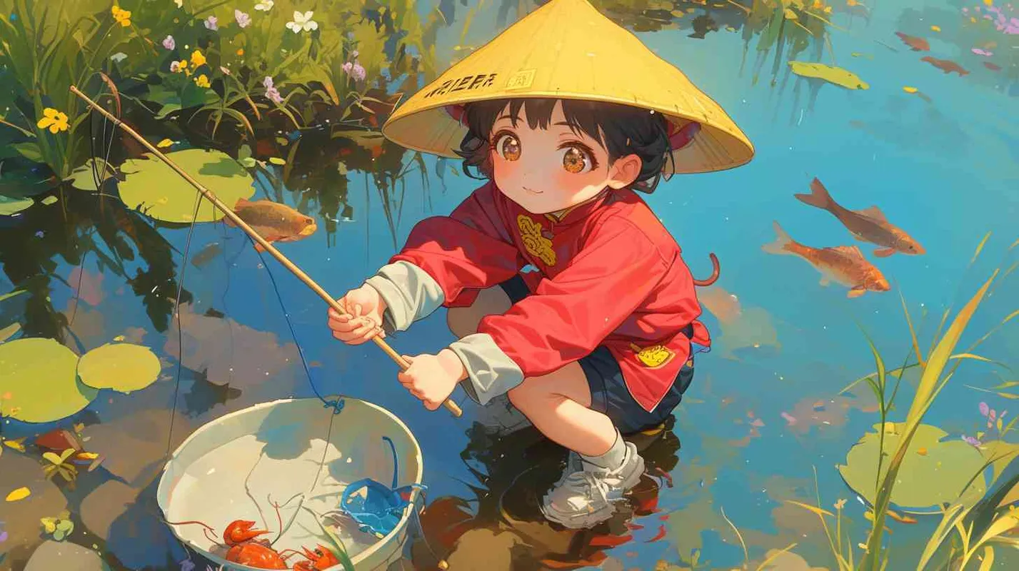 2岁中国女孩，黑色短发，双眼皮 ，黄色小圆帽子，粉色长袖，嫣红色围兜，下半部分是hare”的字母，黑色长裤，白色运动鞋，可爱，河水清澈，干净，龙虾，螃蟹，鱼，自由自在，灵动，河岸边的花朵、小草也重新焕发了生机  - style3部分