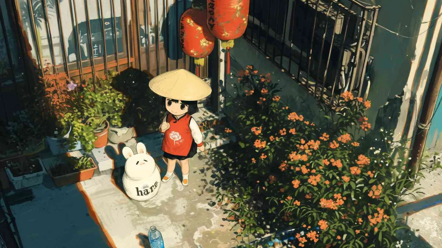 2岁中国女孩，黑色短发，双眼皮 ，黄色小圆形帽，白色长袖，红色围兜，围兜上印有“hare”字样，黑色长裤，白色鞋子，可爱，乖巧，友爱，呆萌，和爸爸、妈妈在小区楼下玩，爸爸、妈妈在下去楼下椅子上坐着，小区里有水泥地，花坛，灌木从，希希在水泥地上玩，不小心踩到一个空矿泉水瓶子，空矿泉水瓶子在2岁中国女孩的左脚下，2岁中国女孩身体成45°倾斜 - style4部分