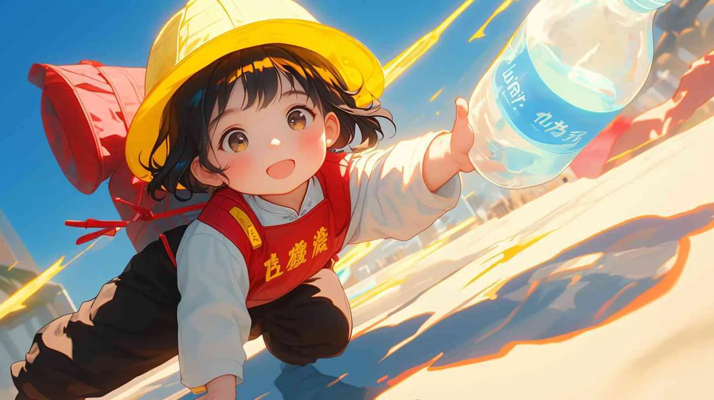 2岁中国女孩，黑色短发，双眼皮 ，黄色小圆形帽，白色长袖，红色围兜，围兜上印有“hare”字样，黑色长裤，白色鞋子，可爱，乖巧，友爱，呆萌，左手捡到一个矿泉水瓶子，瓶子散发出璀璨的光芒，出现一个神秘通道 - style1部分