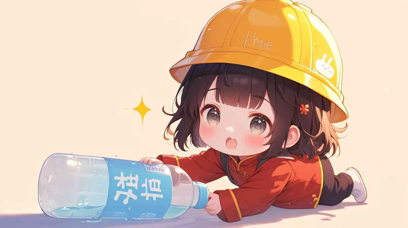 2岁中国女孩，黑色短发，双眼皮 ，黄色小圆形帽，白色长袖，红色围兜，围兜上印有“hare”字样，黑色长裤，白色鞋子，可爱，乖巧，友爱，呆萌，左手捡到一个矿泉水瓶子，瓶子散发出璀璨的光芒，出现一个神秘通道 - style3部分