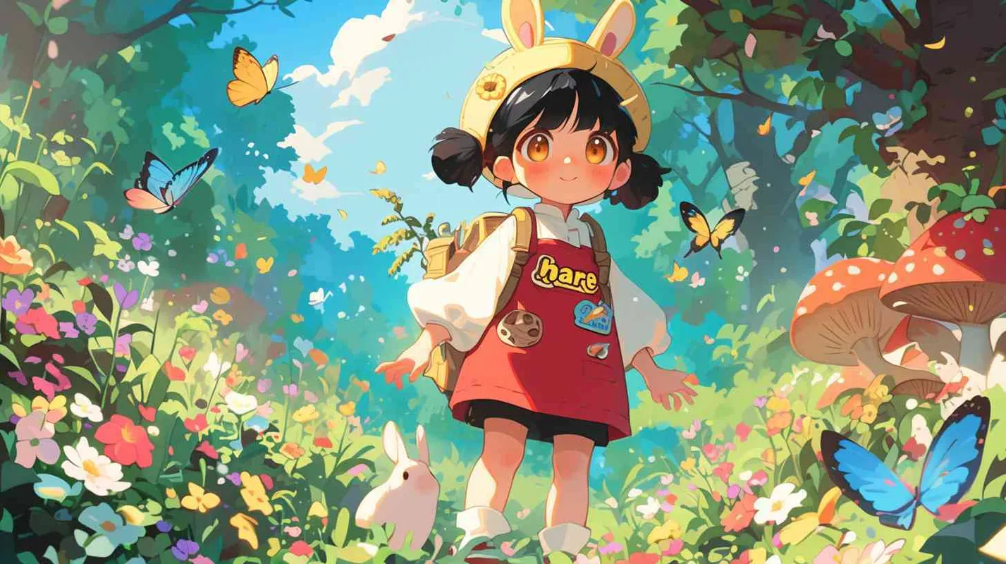 2岁中国女孩，黑色短发，双眼皮 ，黄色小圆形帽，白色长袖，红色围兜，围兜上印有“hare”字样，黑色长裤，白色鞋子，可爱，乖巧，友爱，呆萌，来到了一个鲜花盛开的森林中，她追逐着飞舞的蝴蝶，有蘑菇，旁边有一只小白兔，很远处有一条河流 - style1部分