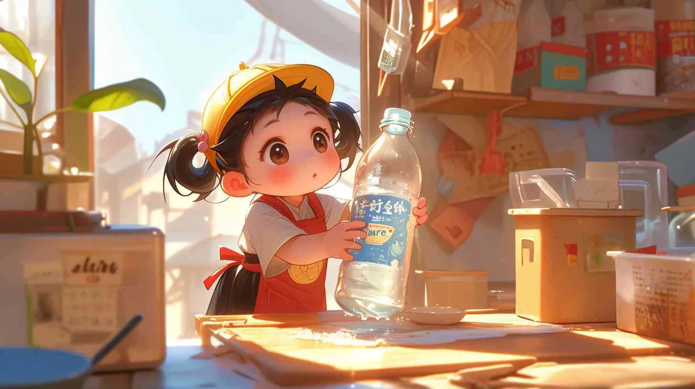 2岁中国女孩，黑色短发，双眼皮 ，黄色小圆形帽，白色长袖，红色围兜，围兜上印有“hare”字样，黑色长裤，白色鞋子，可爱，乖巧，友爱，呆萌，左手捡到一个矿泉水瓶子，瓶子散发出璀璨的光芒，出现一个神秘通道  - style1部分