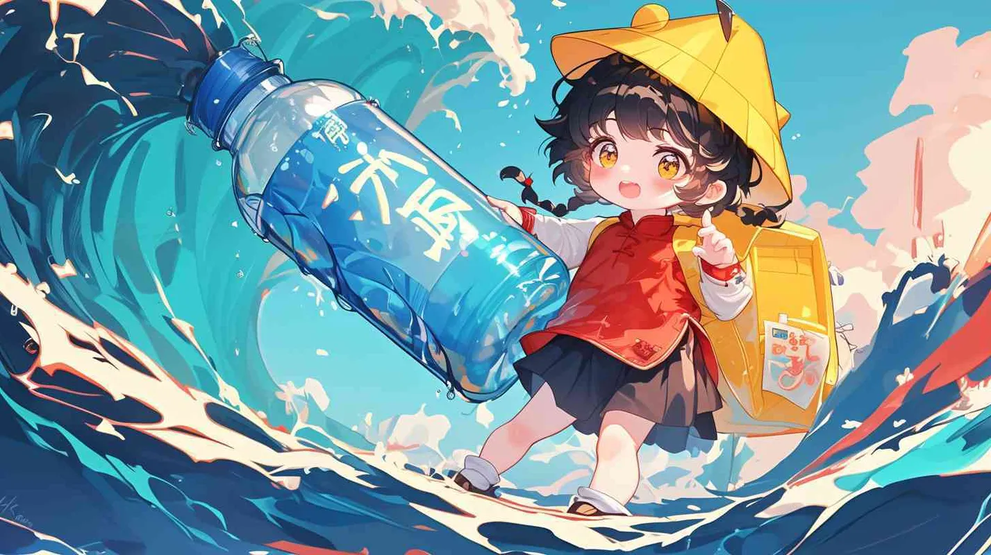 2岁中国女孩，黑色短发，双眼皮 ，黄色小圆形帽，白色长袖，红色围兜，围兜上印有“hare”字样，黑色长裤，白色鞋子，可爱，乖巧，友爱，呆萌，左手捡到一个矿泉水瓶子，瓶子散发出璀璨的光芒，出现一个神秘通道  - style3部分