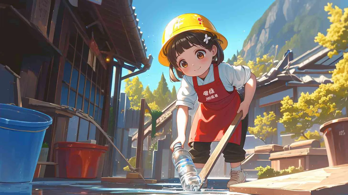 2岁中国女孩，黑色短发，双眼皮 ，黄色小圆形帽，白色长袖，红色围兜，围兜上印有“hare”字样，黑色长裤，白色鞋子，可爱，乖巧，友爱，呆萌，左手捡到一个矿泉水瓶子，瓶子散发出璀璨的光芒，出现一个神秘通道  - style4部分