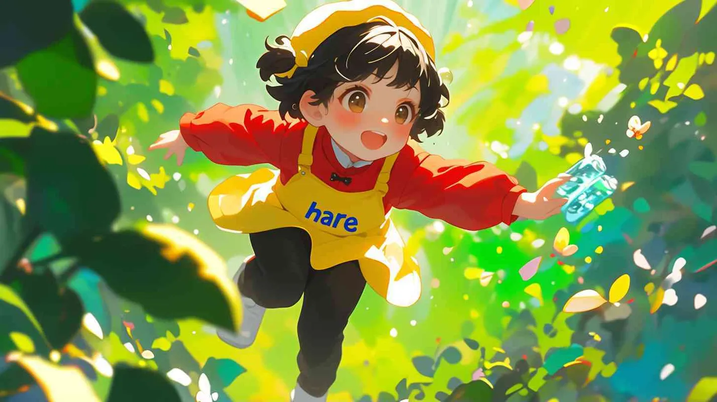 2岁中国女孩，黑色短发，双眼皮 ，黄色小圆形帽，白色长袖，红色围兜，围兜上印有“hare”字样，黑色长裤，黑色休闲裤，白色鞋子，可爱，惊奇，乖巧，友爱，呆萌，左手持有一个矿泉水瓶子，矿泉水瓶子散发出璀璨的光芒，出现一个神秘通道  - style1部分