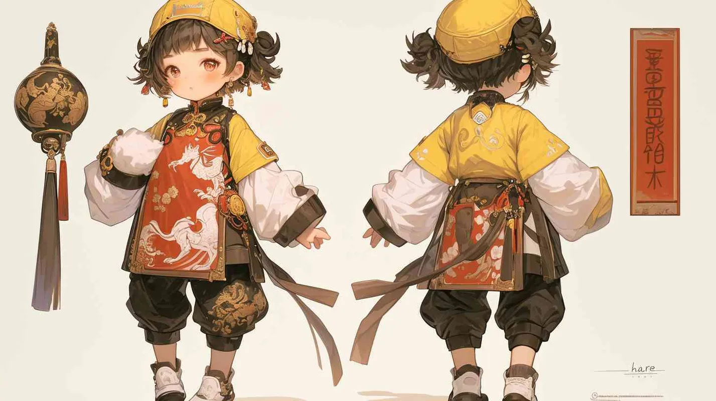 2岁中国女孩，黑色短发，双眼皮 ，黄色小圆形帽，白色长袖，红色围兜，围兜上印有“hare”字样，黑色长裤，黑色休闲裤，白色鞋子，可爱，惊奇，乖巧，友爱，呆萌，左手持有一个矿泉水瓶子，矿泉水瓶子散发出璀璨的光芒，出现一个神秘通道  - style2部分