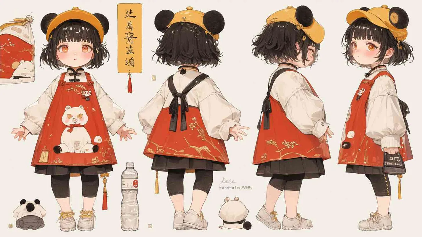 2岁中国女孩，黑色短发，双眼皮 ，黄色小圆形帽，白色长袖，红色围兜，围兜上印有“hare”字样，黑色长裤，黑色休闲裤，白色鞋子，可爱，惊奇，乖巧，友爱，呆萌，左手持有一个矿泉水瓶子，矿泉水瓶子散发出璀璨的光芒，出现一个神秘通道  - style4部分