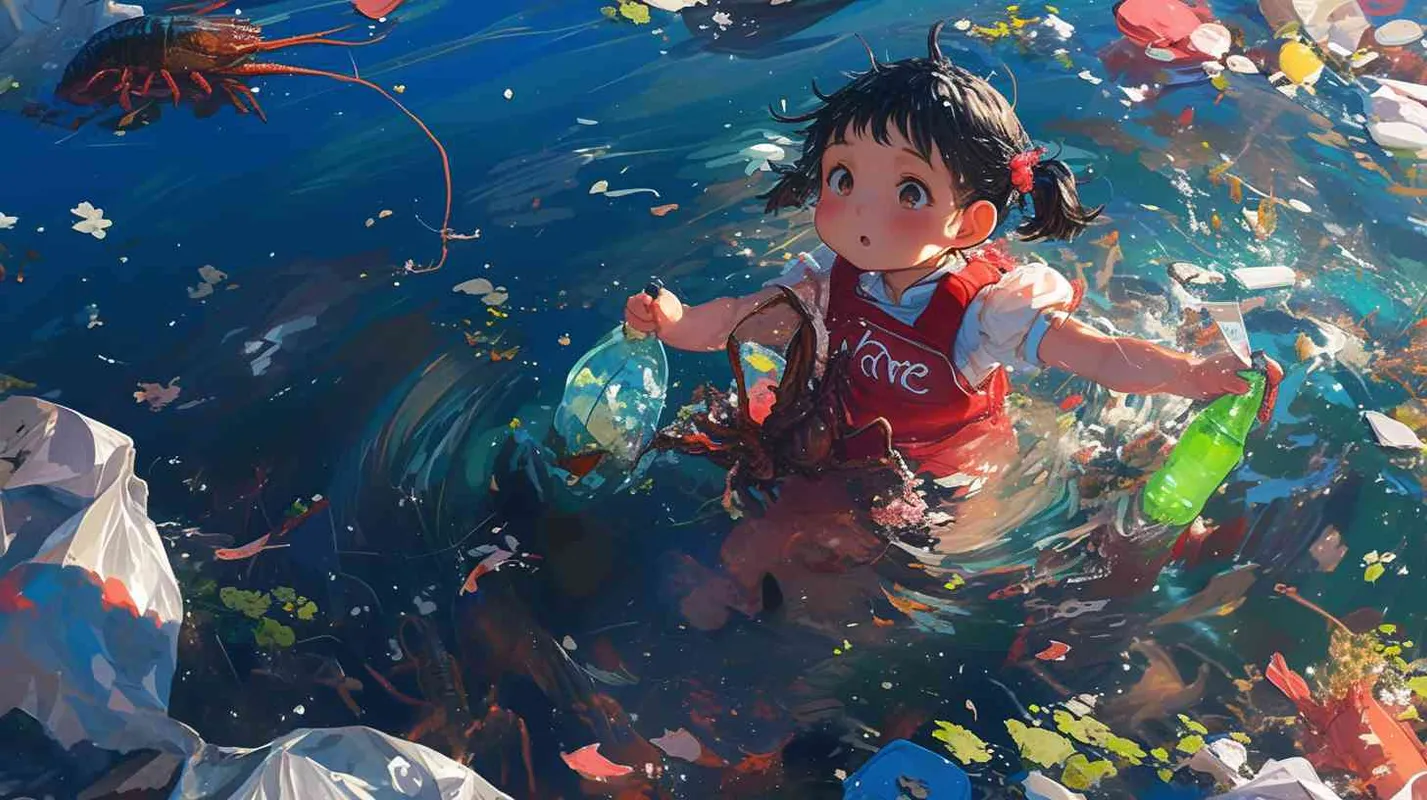 一条被污染的、浑浊的河流中，河水表面漂浮着废弃的垃圾袋、矿泉水瓶，废弃的零食口袋。河水泛着五彩斑斓的色彩，而河底则生长着奇妙的水草和花朵。2岁中国女孩，黑色短发，双眼皮 ，黄色小圆形帽，白色长袖，红色围兜，红色围兜上印有“hare”字样，黑色长裤，黑色休闲裤，白色鞋子，可爱，惊奇，乖巧，友爱，呆萌，遇到了一只鲜艳的龙虾和一条闪亮的小鱼，并与龙虾和小鱼亲切地对话。她了解到，这条河流是受到人类的垃圾污染，生物们因此受到了伤害和困扰。她决定帮助它们改变这一现状 - style3部分