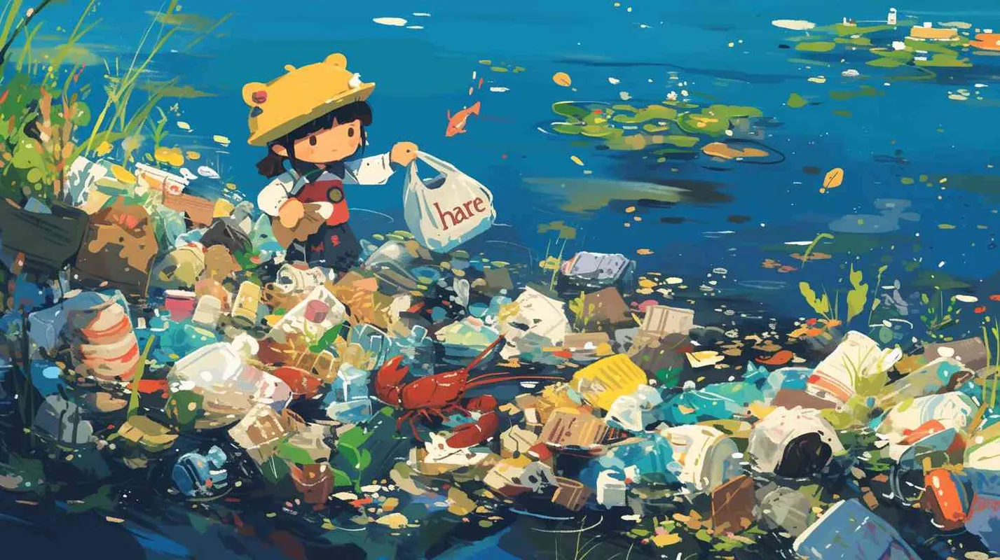 一条被污染的、浑浊的河流中，河水表面漂浮着废弃的垃圾袋、矿泉水瓶，废弃的零食口袋。河水泛着五彩斑斓的色彩，而河底则生长着奇妙的水草和花朵。2岁中国女孩，黑色短发，双眼皮 ，黄色小圆形帽，白色长袖，红色围兜，红色围兜上印有“hare”字样，黑色长裤，黑色休闲裤，白色鞋子，可爱，惊奇，乖巧，友爱，呆萌，遇到了一只鲜艳的龙虾和一条闪亮的小鱼，并与龙虾和小鱼亲切地对话。她了解到，这条河流是受到人类的垃圾污染，生物们因此受到了伤害和困扰。她决定帮助它们改变这一现状 - style4部分
