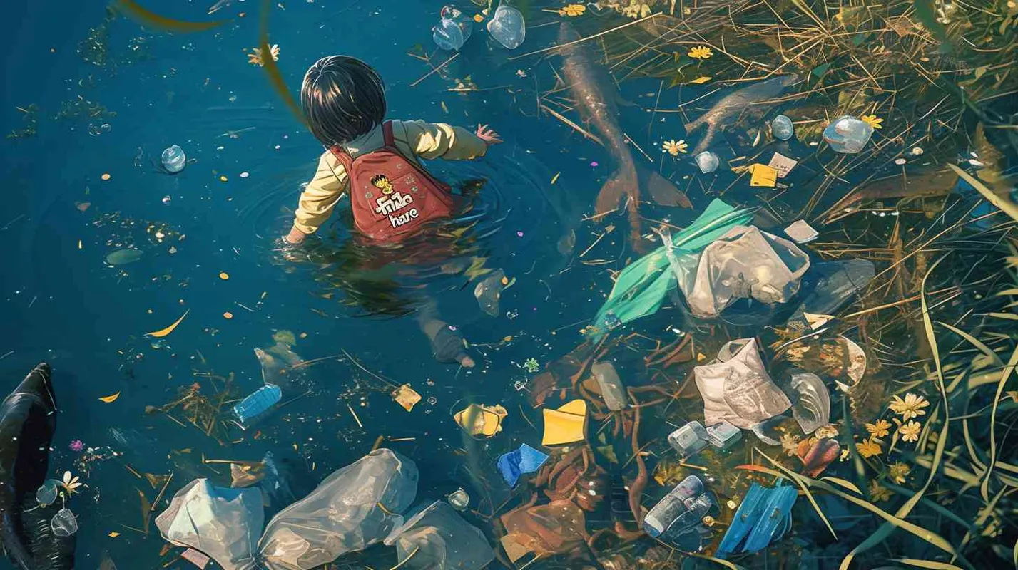 一条被污染的、浑浊的河流中，河水表面漂浮着废弃的垃圾袋、矿泉水瓶，废弃的零食口袋。河水泛着五彩斑斓的色彩，而河底则生长着奇妙的水草和花朵。2岁中国女孩，黑色短发，双眼皮 ，黄色小圆形帽，白色长袖，红色围兜，红色围兜上印有“hare”字样，黑色长裤，黑色休闲裤，白色鞋子，可爱，惊奇，乖巧，友爱，呆萌，开始清理河水中的垃圾，捡起人类抛弃的废品，龙虾，螃蟹，鱼都在帮忙，岸边的花、草正在加油打气 - style2部分