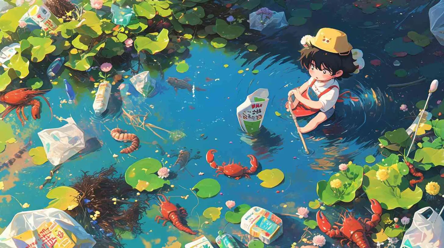 一条被污染的、浑浊的河流中，河水表面漂浮着废弃的垃圾袋、矿泉水瓶，废弃的零食口袋。河水泛着五彩斑斓的色彩，而河底则生长着奇妙的水草和花朵。2岁中国女孩，黑色短发，双眼皮 ，黄色小圆形帽，白色长袖，红色围兜，红色围兜上印有“hare”字样，黑色长裤，黑色休闲裤，白色鞋子，可爱，惊奇，乖巧，友爱，呆萌，开始清理河水中的垃圾，捡起人类抛弃的废品，龙虾，螃蟹，鱼都在帮忙，岸边的花、草正在加油打气 - style3部分
