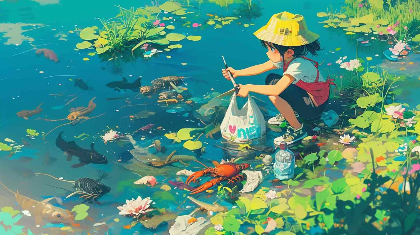 一条被污染的、浑浊的河流中，河水表面漂浮着废弃的垃圾袋、矿泉水瓶，废弃的零食口袋。河水泛着五彩斑斓的色彩，而河底则生长着奇妙的水草和花朵。2岁中国女孩，黑色短发，双眼皮 ，黄色小圆形帽，白色长袖，红色围兜，红色围兜上印有“hare”字样，黑色长裤，黑色休闲裤，白色鞋子，可爱，乖巧，友爱，呆萌，左手提垃圾袋，右手拿着废弃的瓶子，开始清理河水中的垃圾，捡起人类抛弃的废品，龙虾，螃蟹，鱼都在帮忙，岸边的花、草正在加油打气 - style4部分