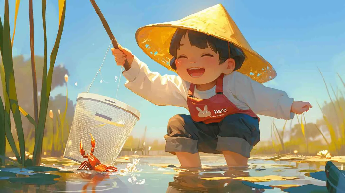 2岁中国女孩，黑色短发，双眼皮 ，黄色小圆形帽，白色长袖，红色围兜，红色围兜上印有“hare”字样，黑色长裤，黑色休闲裤，白色鞋子，开心，欢快，跳舞，可爱，乖巧，龙虾，鱼群，螃蟹，河流的水非常清澈，携带着微光流淌。水下的生物们重新获得了健康和活力，河岸边的花朵也重新焕发了生机。 - style2部分
