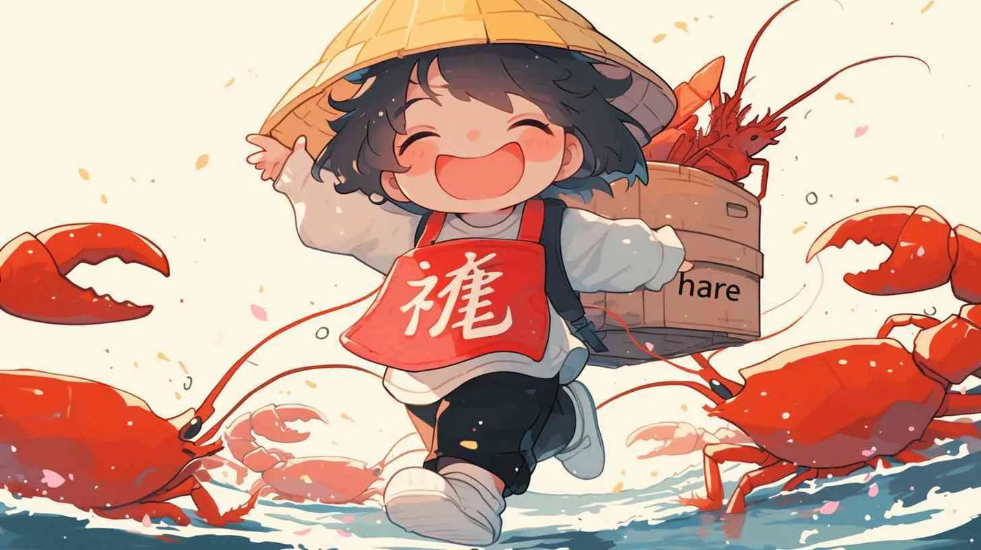 2岁中国女孩，黑色短发，双眼皮 ，黄色小圆形帽，白色长袖，红色围兜，红色围兜上印有“hare”字样，黑色长裤，黑色休闲裤，白色鞋子，开心，欢快，跳舞，可爱，乖巧，龙虾，鱼群，螃蟹，河流的水非常清澈，携带着微光流淌。水下的生物们重新获得了健康和活力，河岸边的花朵也重新焕发了生机。 - style3部分