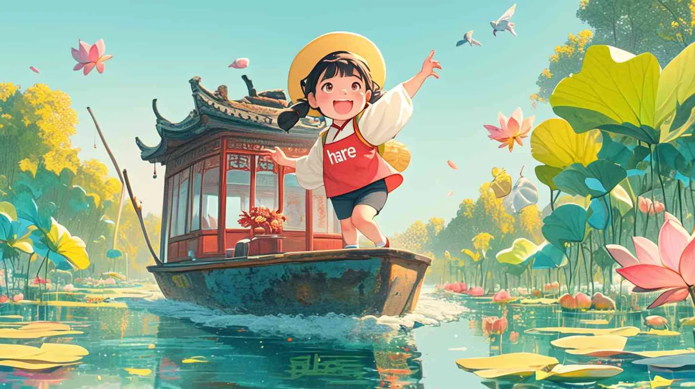 2岁中国女孩,黑色短发,双眼皮 ,黄色小圆形帽,白色长袖,红色围兜,红色围兜上印有“hare”字样,黑色长裤,黑色休闲裤,白色鞋子,开心,欢快,跳舞,可爱,乖巧,河水非常清澈,有荷花、荷叶,2岁中国女孩和龙虾,螃蟹,鱼,庆祝着河流的华丽转变。他们欢快地跳跃、歌唱,河流附近的树木和花朵也一起欢庆。这里成为了一片美丽、璀璨的新家园,2岁中国女孩为守护大自然而自豪。 - AI绘画作品展示 | Midjourney中文版生成