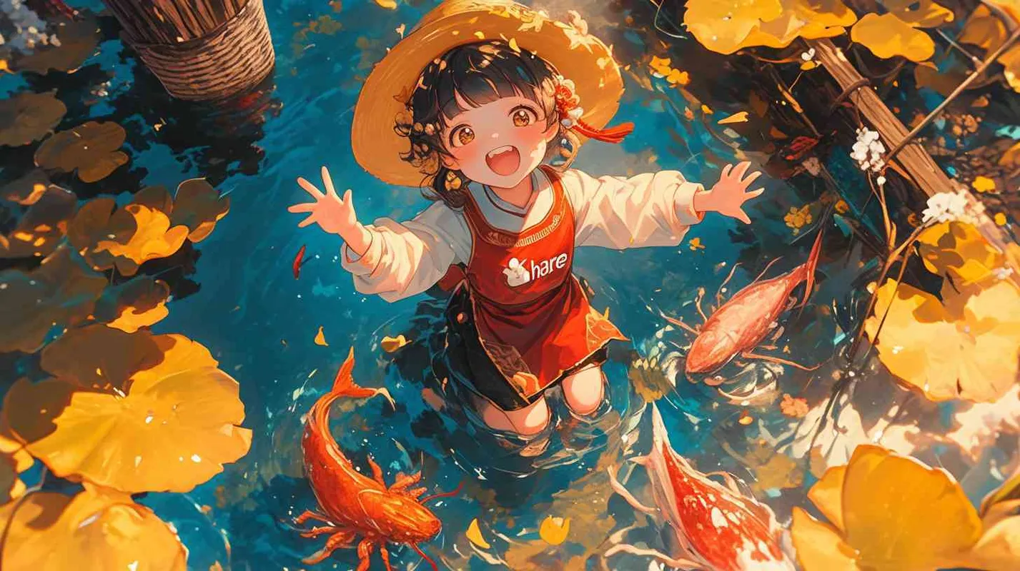 2岁中国女孩,黑色短发,双眼皮 ,黄色小圆形帽,白色长袖,红色围兜,红色围兜上印有“hare”字样,黑色长裤,黑色休闲裤,白色鞋子,开心,欢快,跳舞,可爱,乖巧,河水非常清澈,有荷花、荷叶,2岁中国女孩和龙虾,螃蟹,鱼,庆祝着河流的华丽转变。他们欢快地跳跃、歌唱,河流附近的树木和花朵也一起欢庆。这里成为了一片美丽、璀璨的新家园,2岁中国女孩为守护大自然而自豪。 - AI绘画作品展示 | Midjourney中文版生成