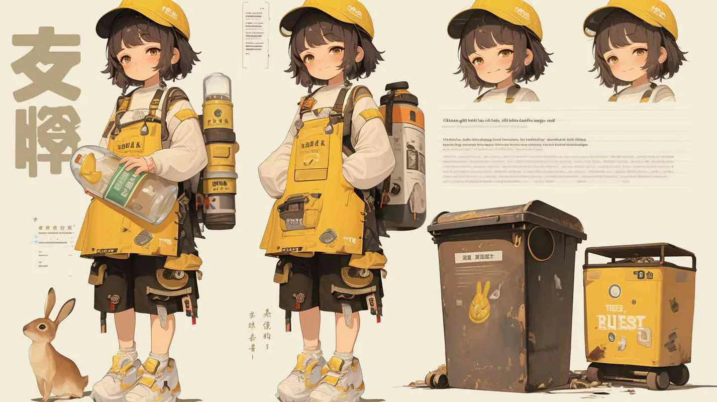 2岁中国女孩，黑色短发，双眼皮 ，黄色小圆形帽，白色长袖，红色围兜，红色围兜上印有“hare”字样，黑色休闲裤，白色鞋子，可爱，乖巧，友爱，呆萌，左手持有一个废弃的矿泉水瓶子，旁边有一个很大的垃圾箱，垃圾箱正面印有“保护环境”的字样  - style1部分