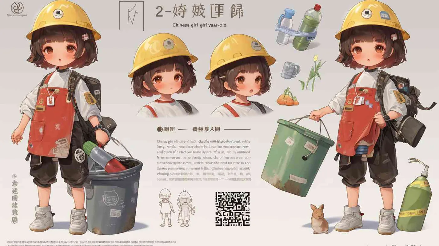 2岁中国女孩，黑色短发，双眼皮 ，黄色小圆形帽，白色长袖，红色围兜，红色围兜上印有“hare”字样，黑色休闲裤，白色鞋子，可爱，乖巧，友爱，呆萌，左手持有一个废弃的矿泉水瓶子，旁边有一个很大的垃圾箱，垃圾箱正面印有“保护环境”的字样  - style3部分