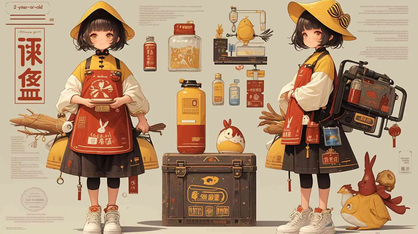 2岁中国女孩，黑色短发，双眼皮 ，黄色小圆形帽，白色长袖，红色围兜，红色围兜上印有“hare”字样，黑色休闲裤，白色鞋子，可爱，乖巧，友爱，呆萌，左手持有一个废弃的矿泉水瓶子，旁边有一个很大的垃圾箱，垃圾箱正面印有“保护环境”的字样  - style4部分