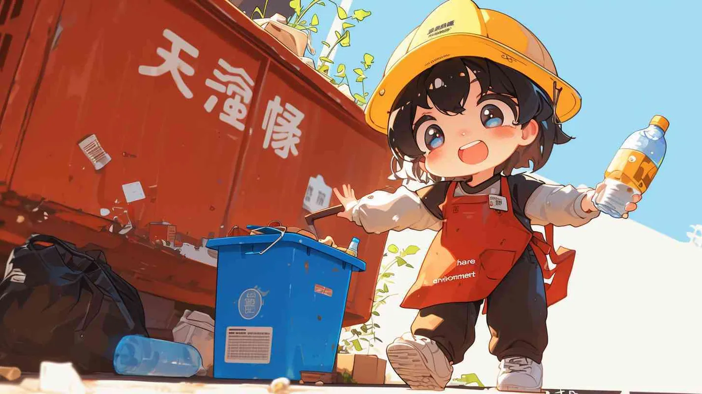 2岁中国女孩，黑色短发，双眼皮 ，黄色小圆形帽，白色长袖，红色围兜，红色围兜上印有“hare”字样，黑色休闲裤，白色鞋子，可爱，乖巧，友爱，呆萌，左手持有一个废弃的矿泉水瓶子，旁边有一个很大的垃圾箱，垃圾箱正面印有中文“保护环境”的字样  - style1部分